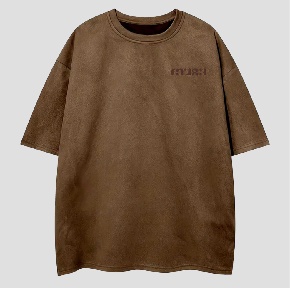 Brown t-shirt with a logo on a light gray background