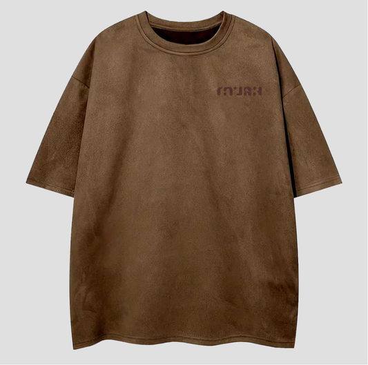 Brown t-shirt with a logo on a light gray background