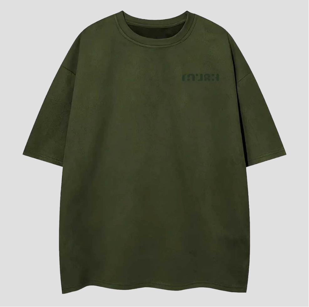 Green t-shirt with a logo on a light gray background