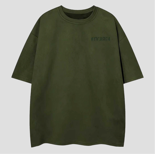 Green t-shirt with a logo on a light gray background