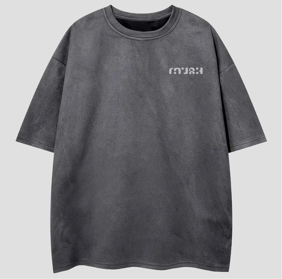 Gray t-shirt with a logo on a light gray background