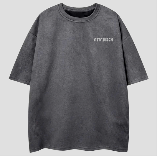 Gray t-shirt with a logo on a light gray background