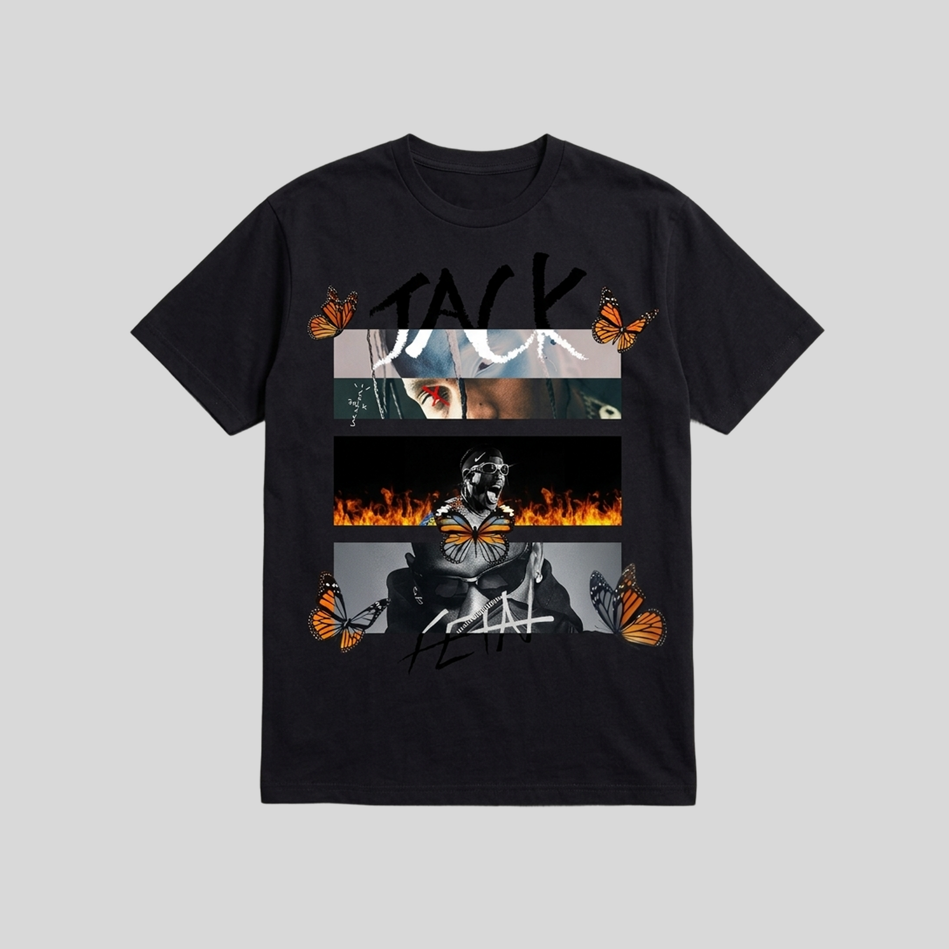 Black t-shirt with graphic design featuring a clock and flames on a gray background
