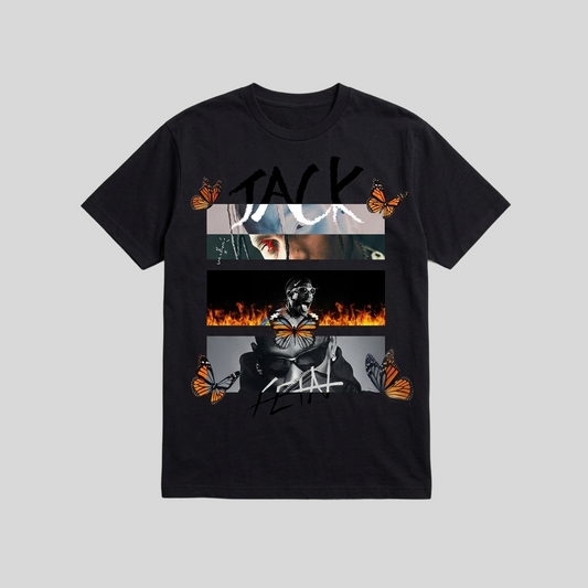 Black t-shirt with graphic design featuring a clock and flames on a gray background