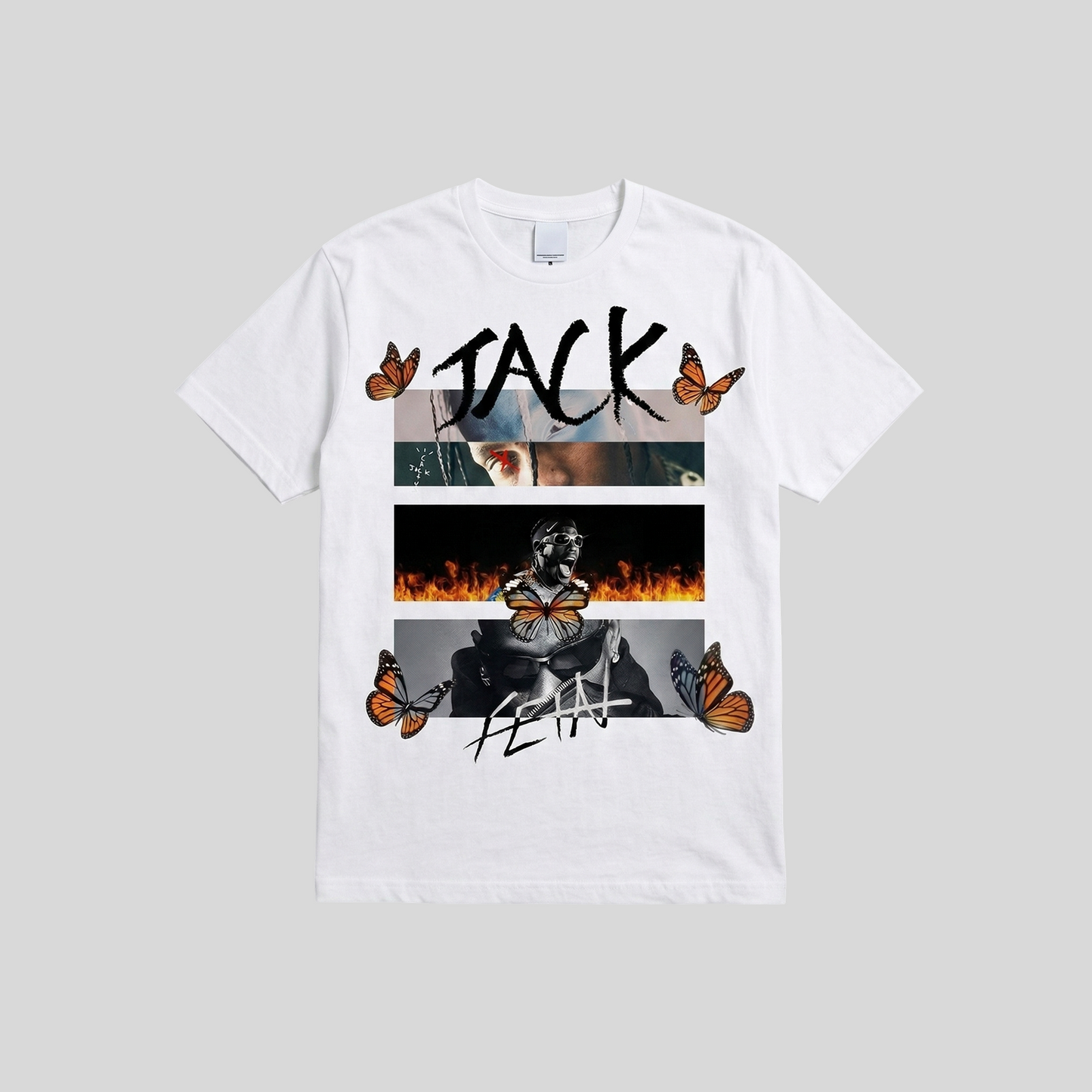 White t-shirt with graphic design and 'JACK' text on a gray background